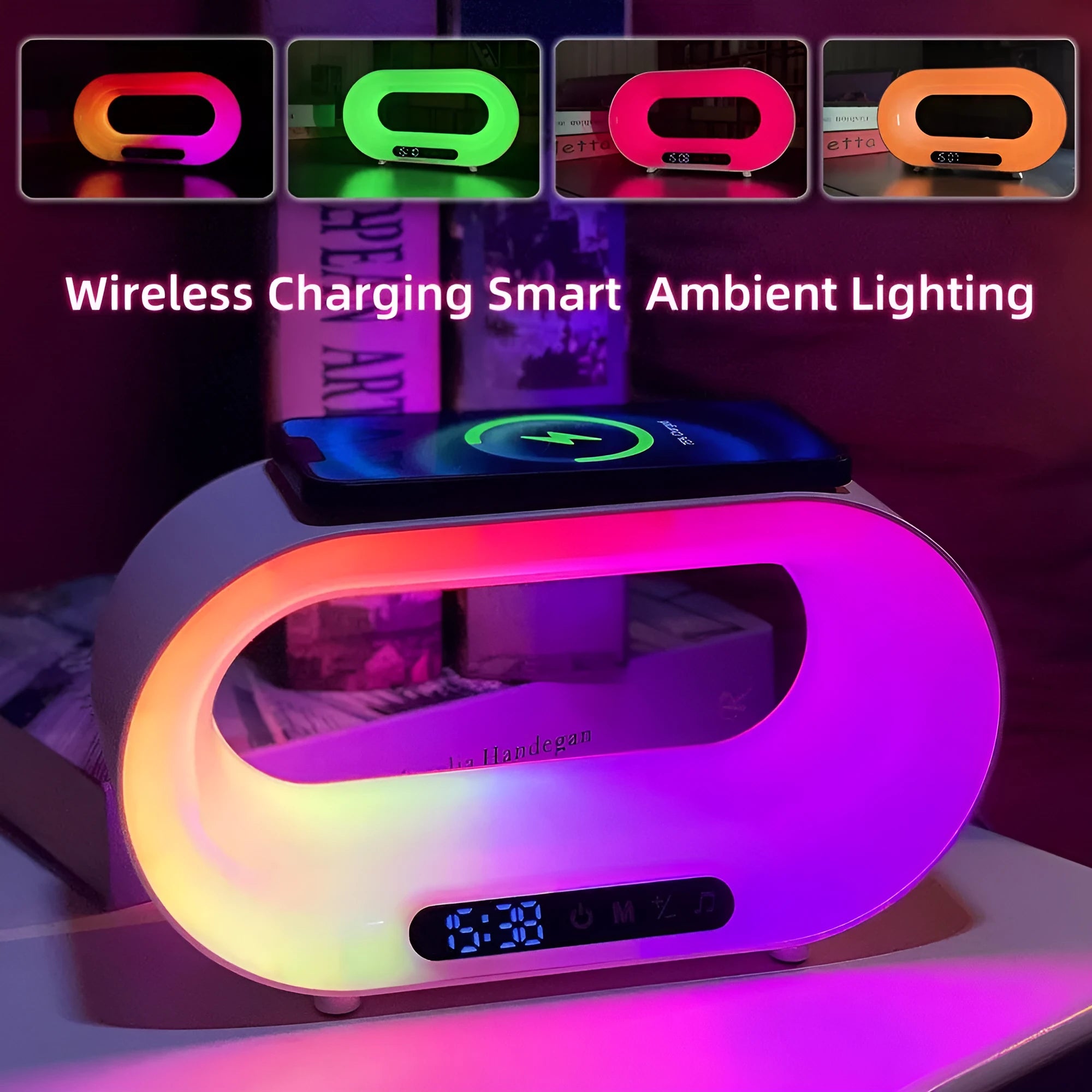 White 3-in-1 LED night light with wireless charger and alarm clock on a bedside table, 23.8cm tall