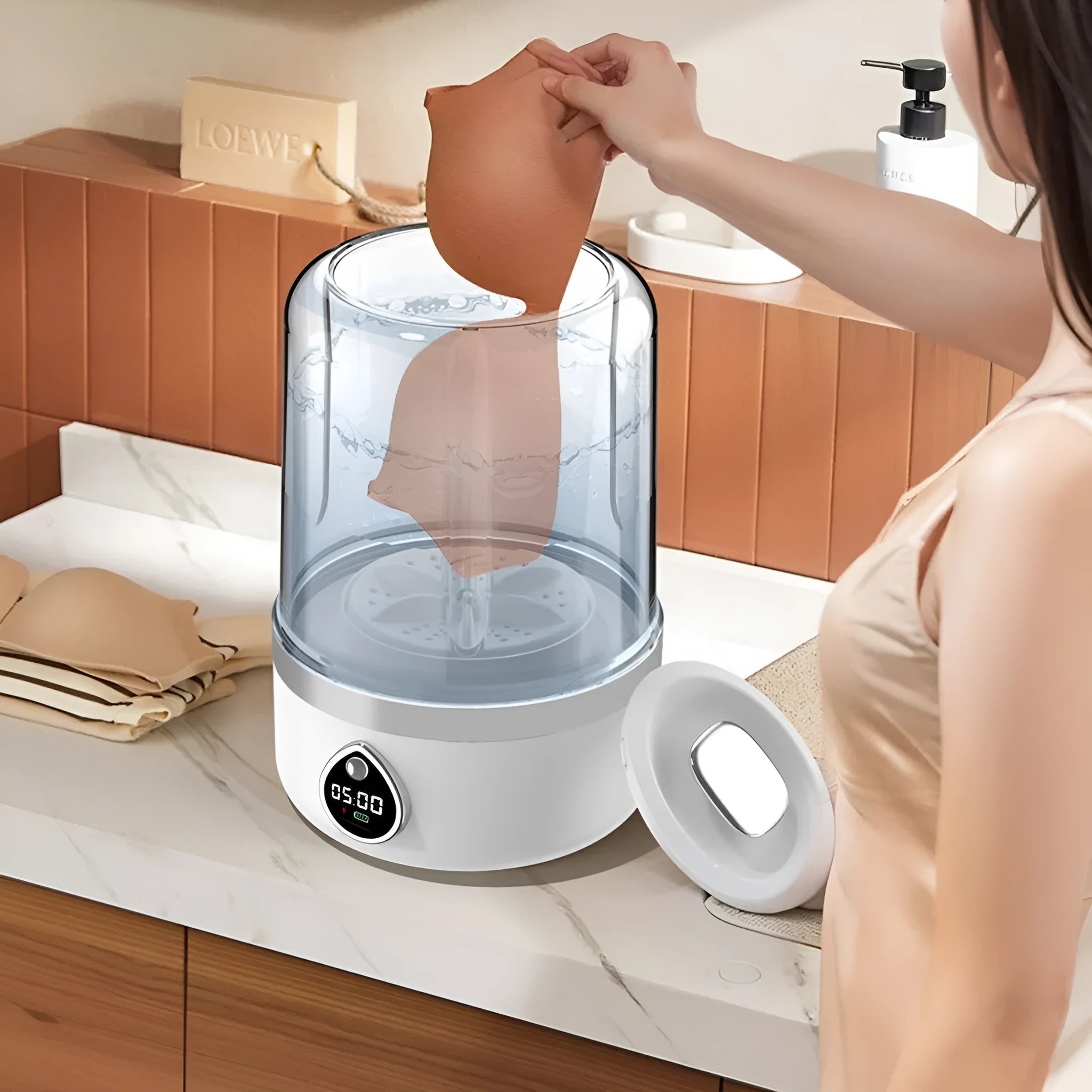 White portable USB mini washing machine with compact plastic design