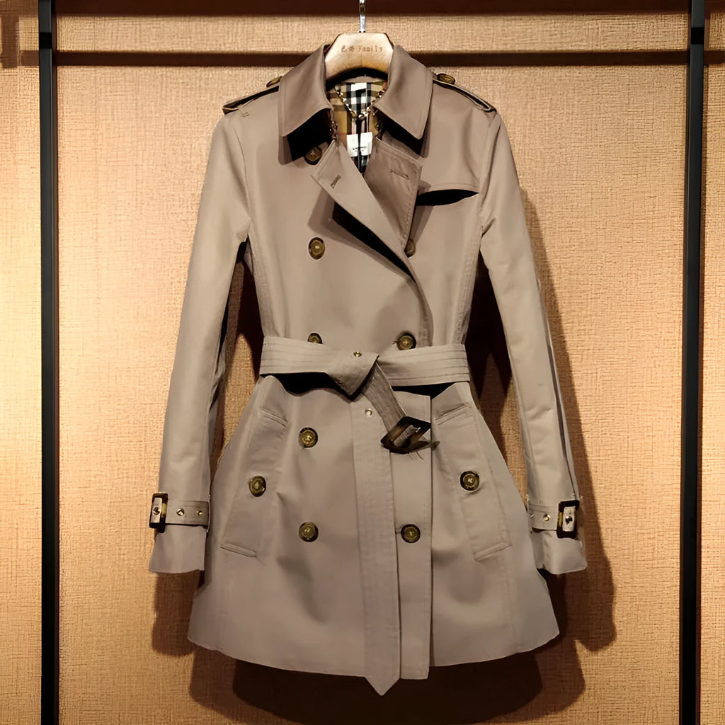 Khaki polyester women's trench coat with double-breasted front and flight sleeves