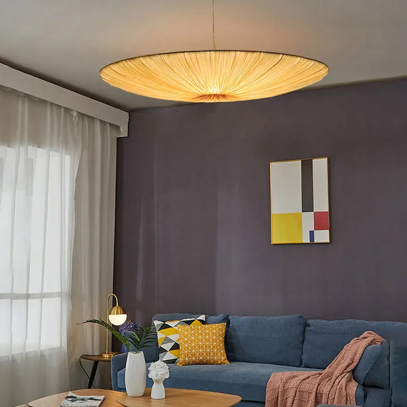 New Chinese minimalist bedroom chandelier with beige fabric shade and alloy frame