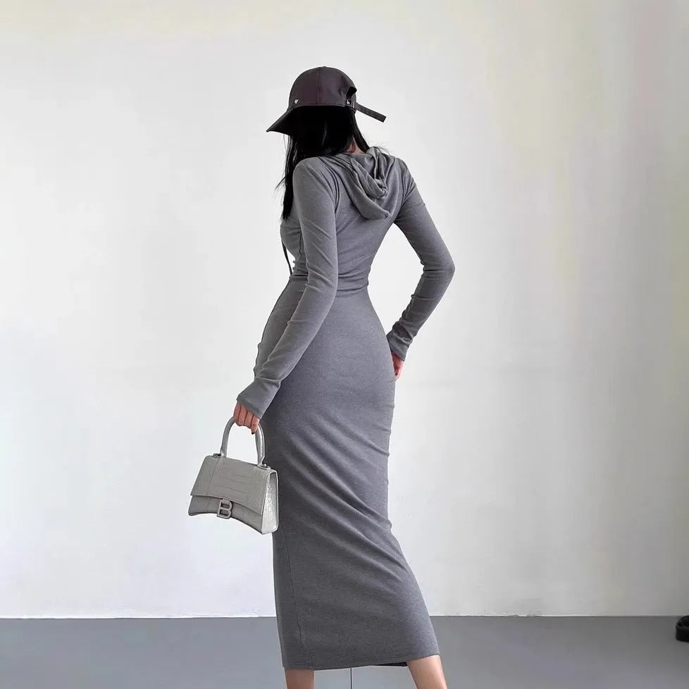 Women's grey hooded long sleeve sheath dress with high waist and knee-length cut
