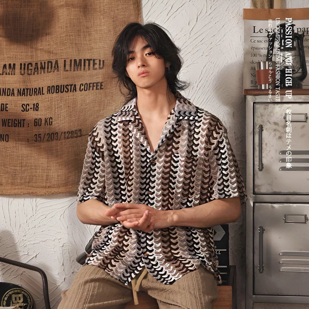 Grey and red men's Cuban collar short sleeve shirt with Japanese jacquard pattern, slim fit.