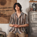 Grey and red men's Cuban collar short sleeve shirt with Japanese jacquard pattern, slim fit.