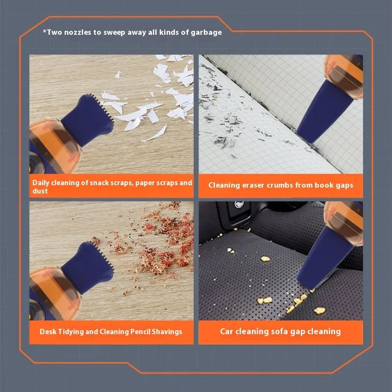 USB charging desktop vacuum cleaner in various colours including blue rocket, orange, gray white, and animal designs.