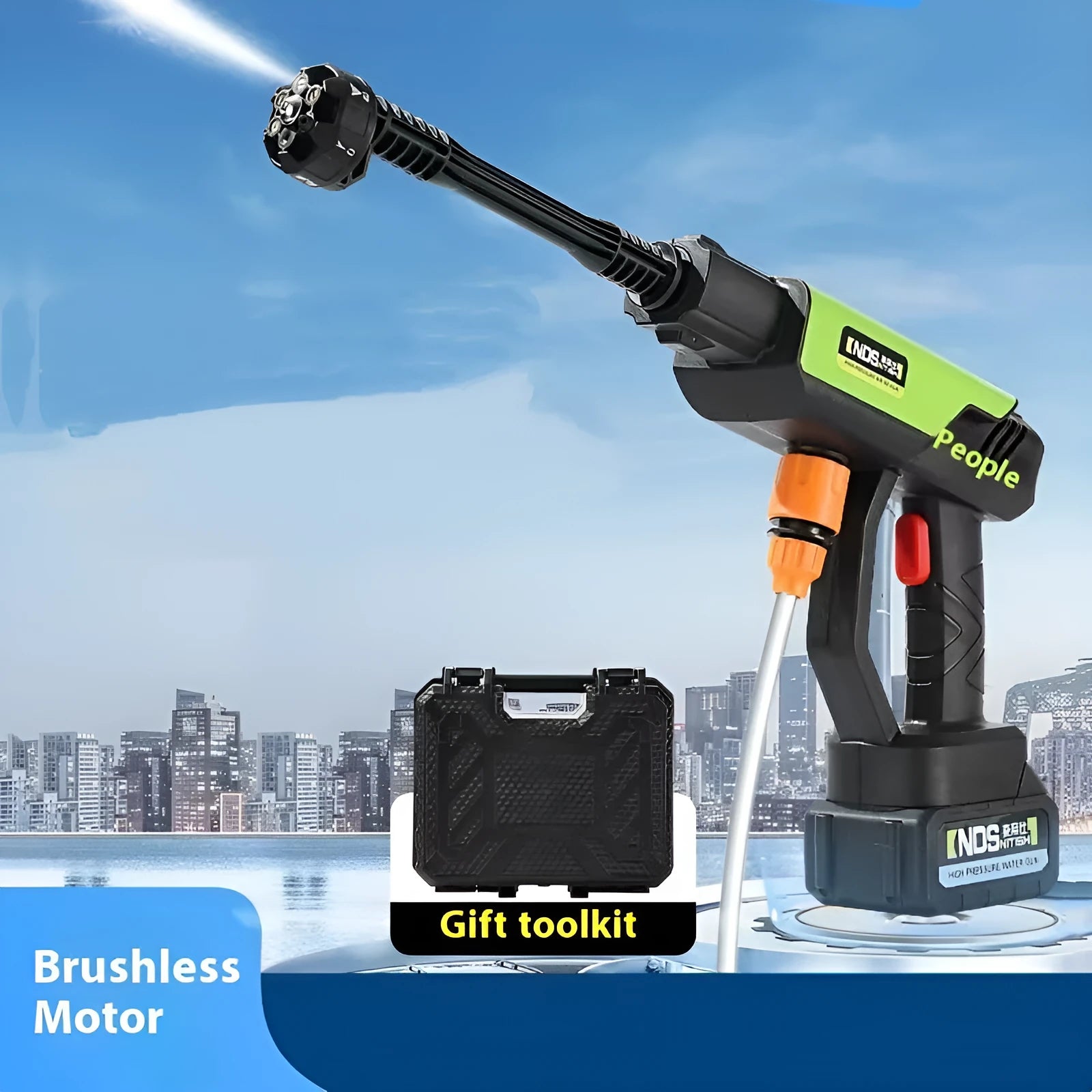 Green cordless high-pressure water gun with adjustable nozzle and accessory attachments