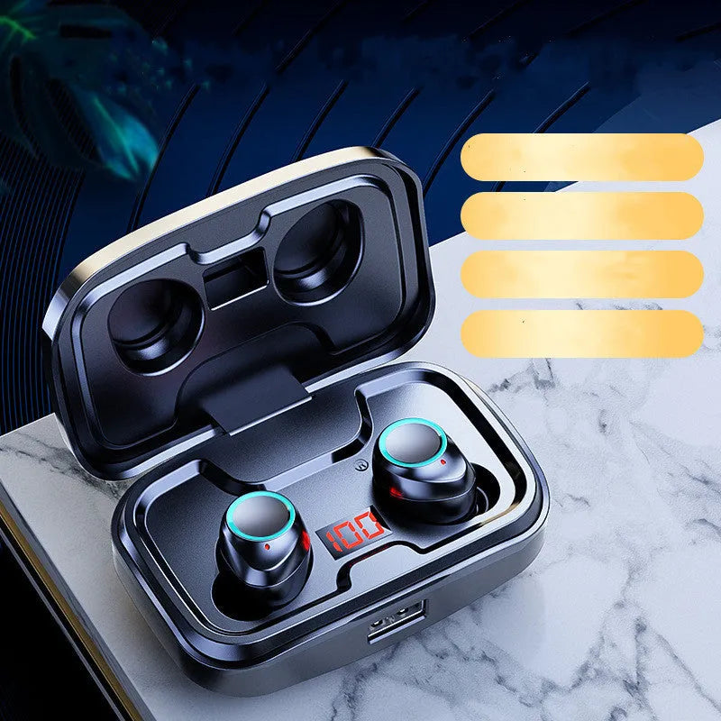 Wireless Bluetooth 5.0 in-ear earphones in black, blue, or red colours with private mould design.