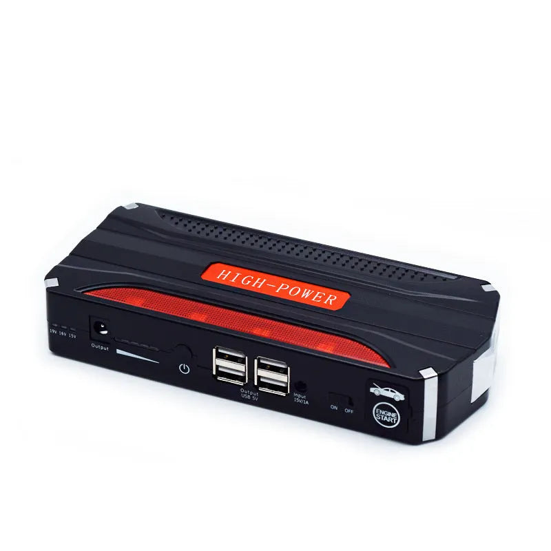 Black and red 12V emergency starting power supply with 7800mAh capacity for vehicle battery jump-starting