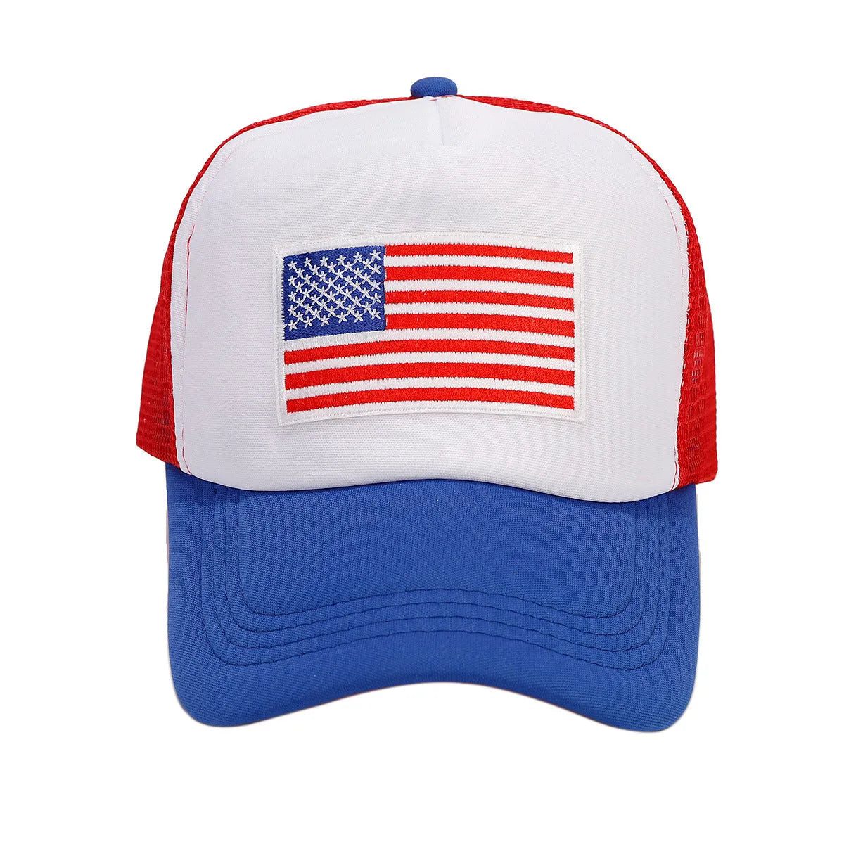 Red and blue contrast mesh breathable baseball cap with adjustable strap and dome crown.
