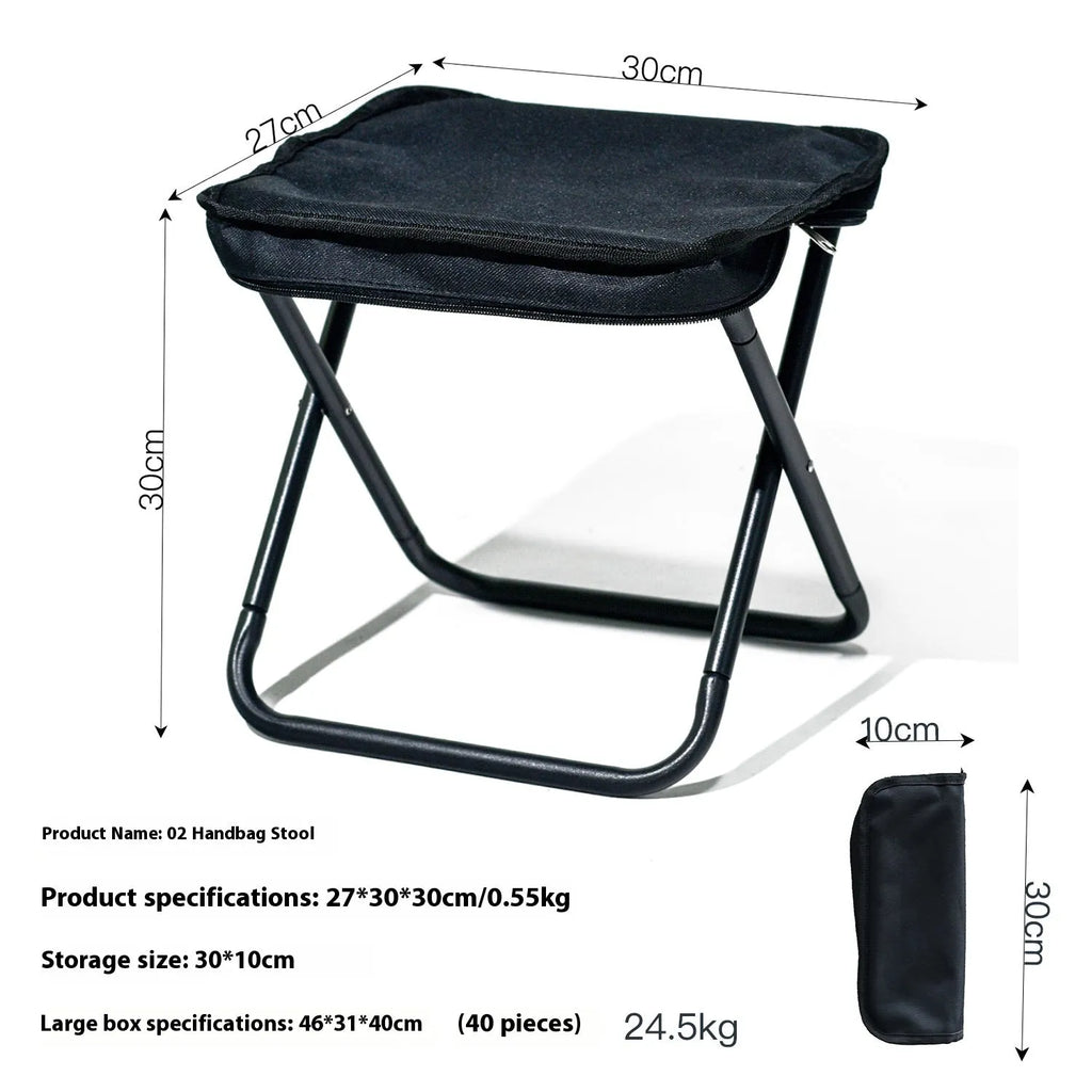 Folding camp chair stool in Oxford cloth fabric showing pencil box design and colour options