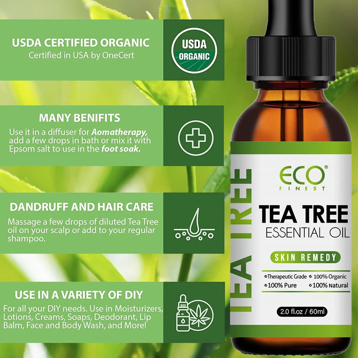 60ml bottle of tea tree essential oil for acne and massage use.