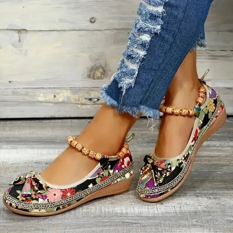 Women's black plus size ethnic platform sandals with cloth upper and elastic band
