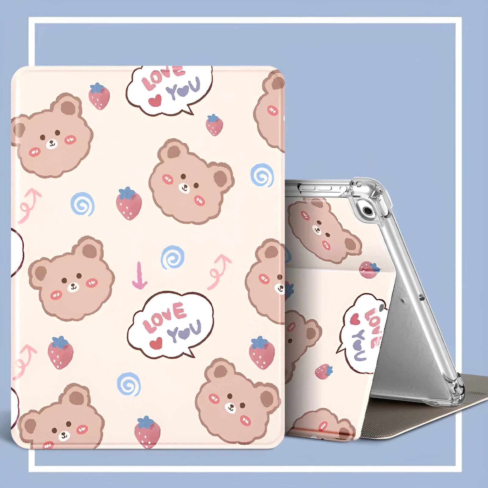 Cartoon iPad case in imitation leather and silicone with airbag drop protection and sleep function, front view