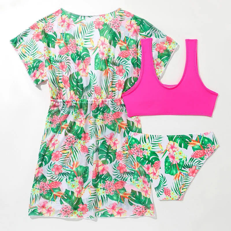 Girls floral two-piece swim briefs in a Korean style, high elasticity polyester fabric.