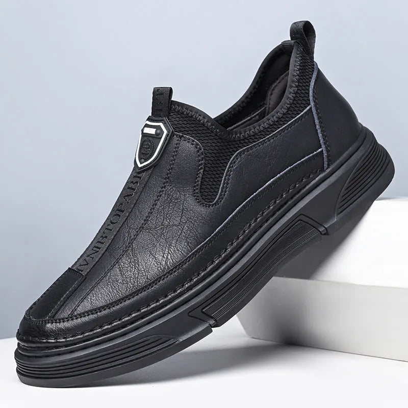 Men's black and brown round toe leather casual shoes showing front and side views