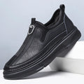 Men's black and brown round toe leather casual shoes showing front and side views