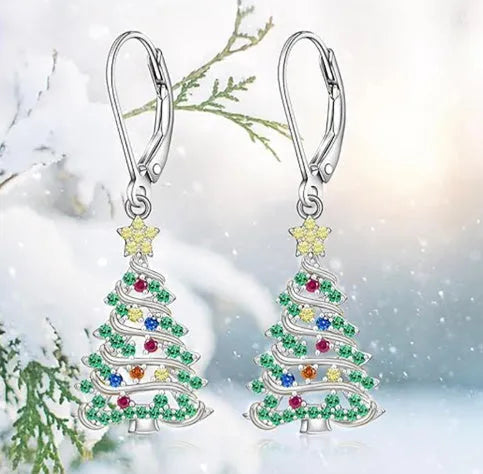 Women's Christmas tree earrings with white gold colour finish and star design elements