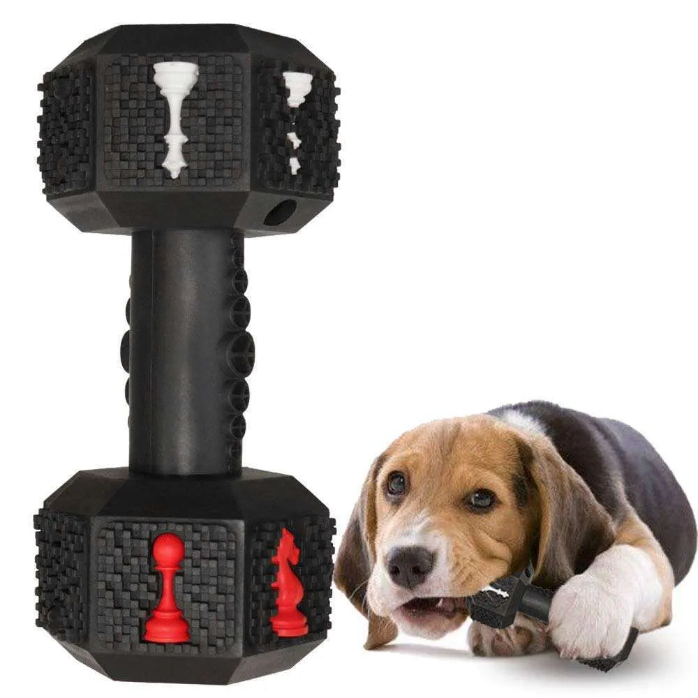 Natural rubber dog chew toy with hollow dumbbell design in black or blue colours