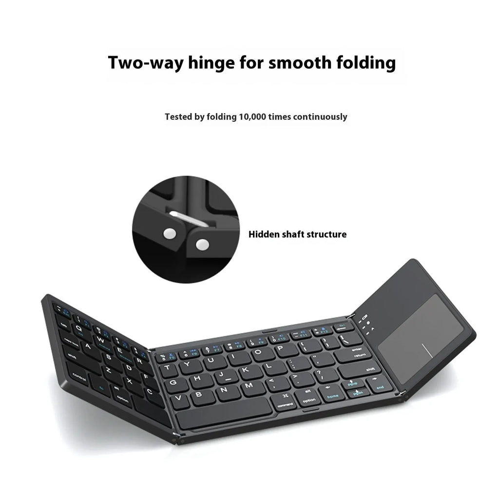Tri-fold Bluetooth keyboard in black showing folded 0.8cm thickness next to unfolded 30.2cm typing surface