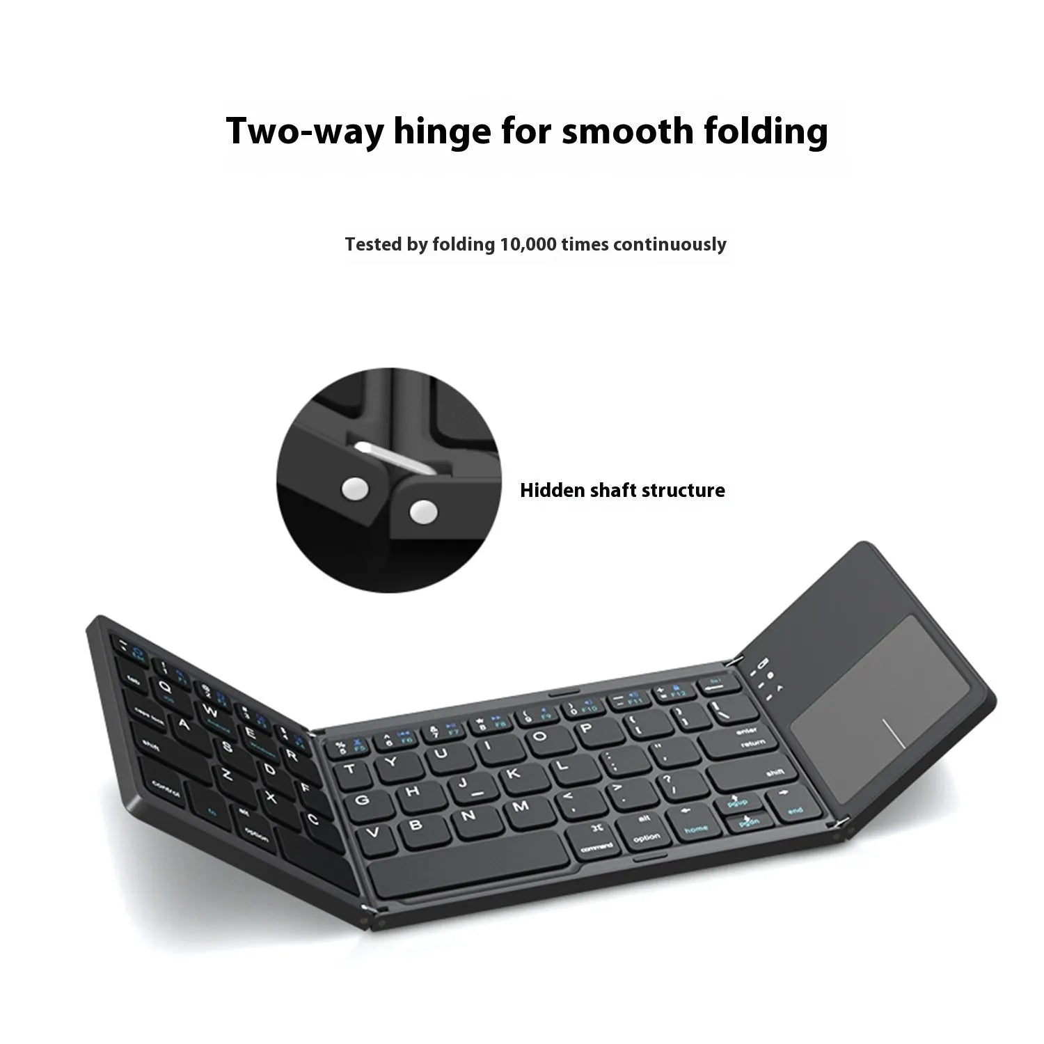 Tri-fold Bluetooth keyboard in black showing folded 0.8cm thickness next to unfolded 30.2cm typing surface