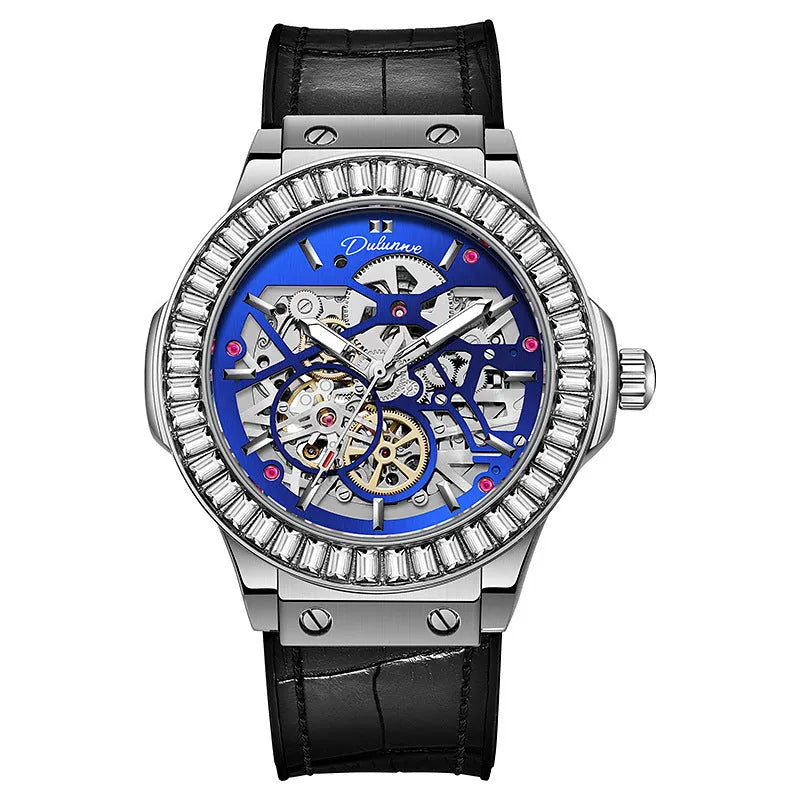 Automatic mechanical men's watch with hollow movement design and diamond studding on white shell
