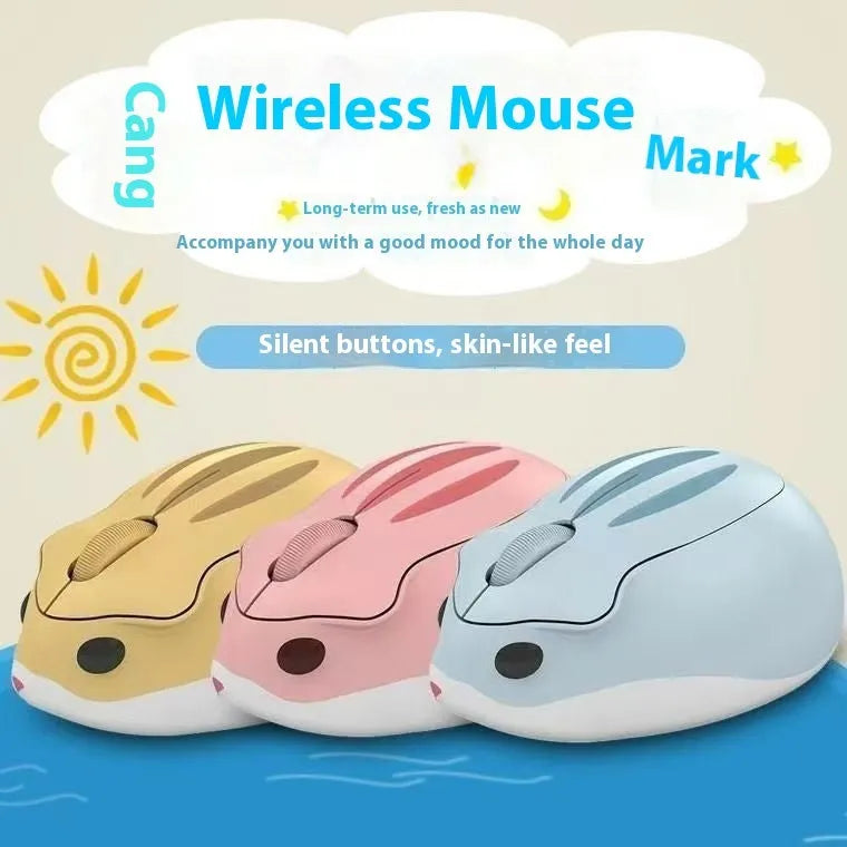 Hamster Wireless Mute Mouse in grey, pink, or yellow colour showing compact design next to USB receiver.