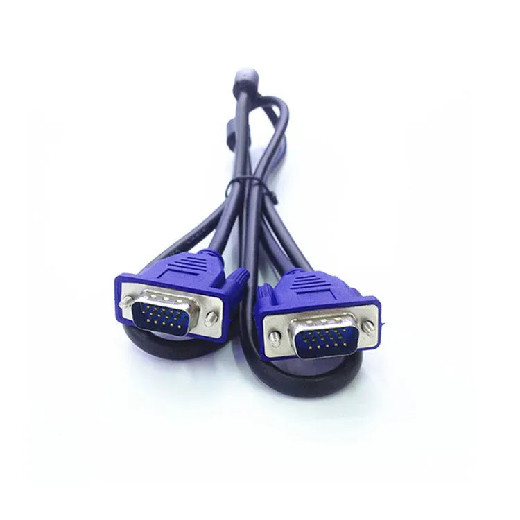 Black VGA cable with blue connector housings and nickel-plated terminals for computer monitor connections