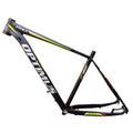Black and green aluminium mountain bike frame with internal cable routing and disc brake mounts