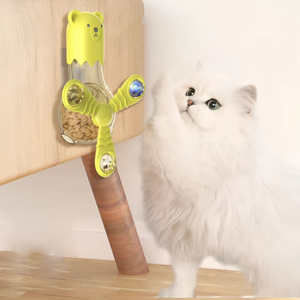 Multi-function cat toy with light and sound in blue, rotating feeding function, size 150x190x75mm