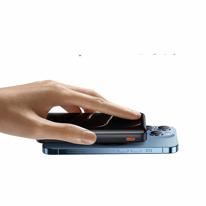 Slim magnetic wireless power bank in blue showing compact dimensions and charging cable