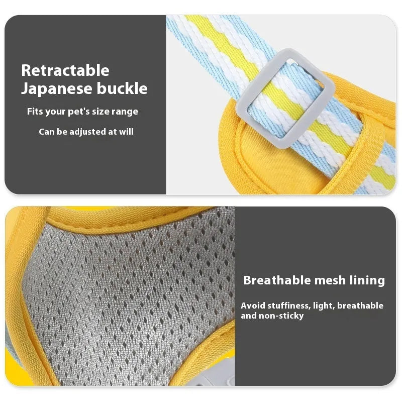 Explosion-proof anti-strangulation pet harness with breakaway buckle on a small dog, includes 1.5 metre rope.