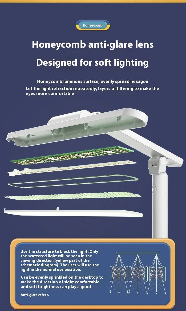 Multifunctional adjustable table lamp on a bookshelf showing three colour temperature settings and dual charging plug