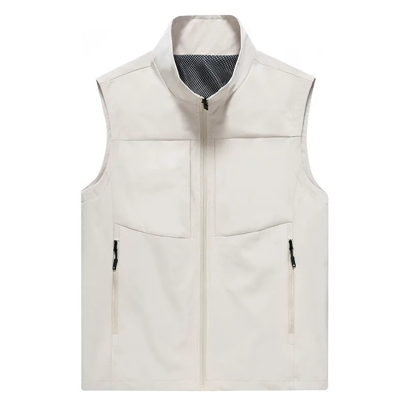 Men's loose fit stand collar polyester cardigan vest in khaki colour with zippered pockets.