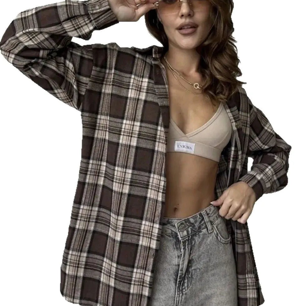 Women's dark brown retro striped long sleeve shirt with cotton fabric