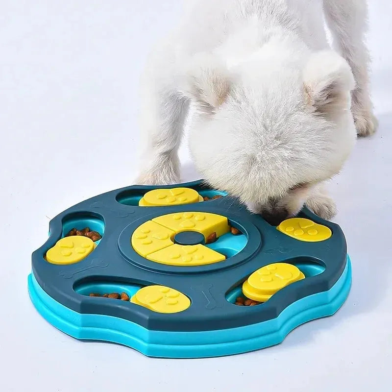 Blue dog puzzle feeder toy for aggressive chewers with interactive food-dispensing mechanism
