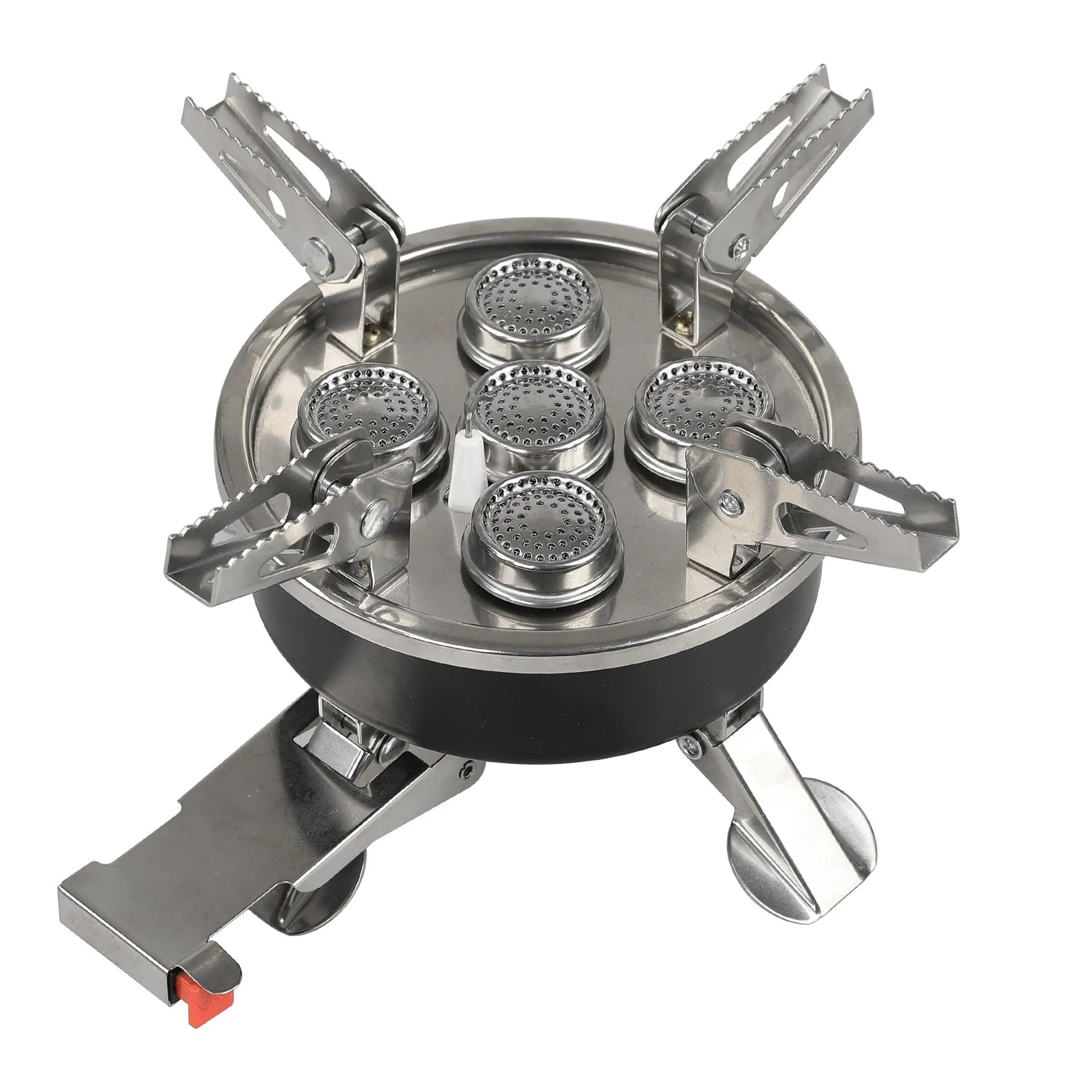 Silver portable stainless steel split camping stove with a long hose, shown folded.