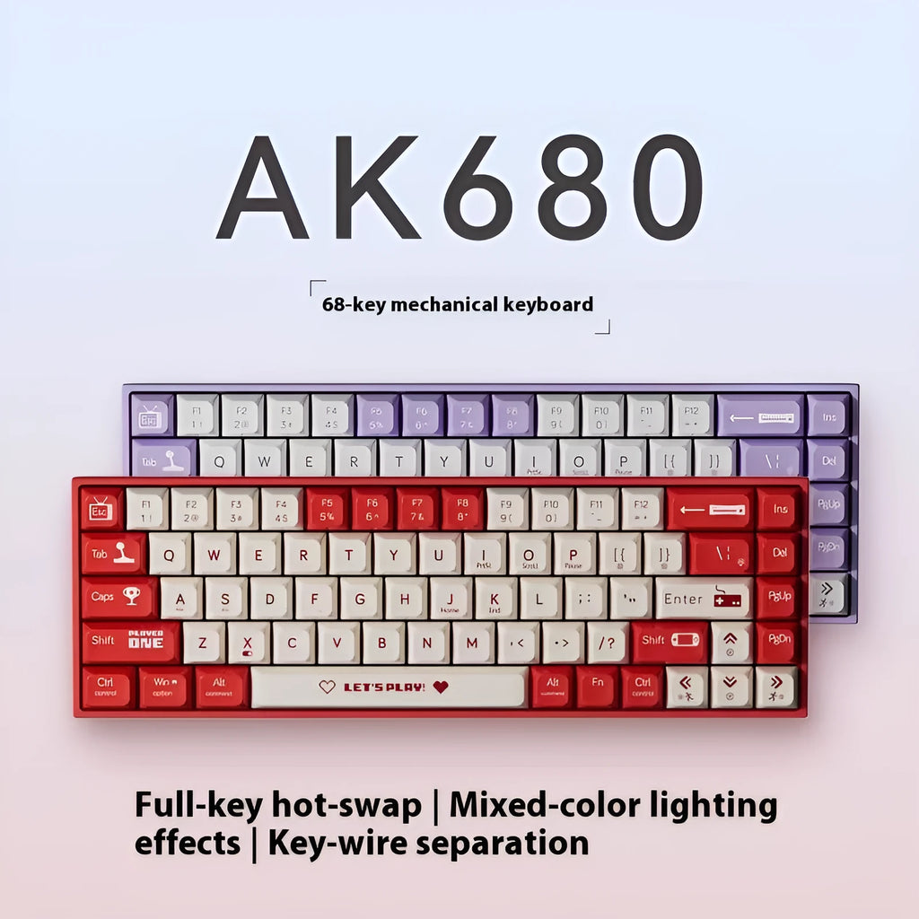 AJAZZ AK680 mechanical keyboard in red/white colour with compact 68-key layout and USB cable