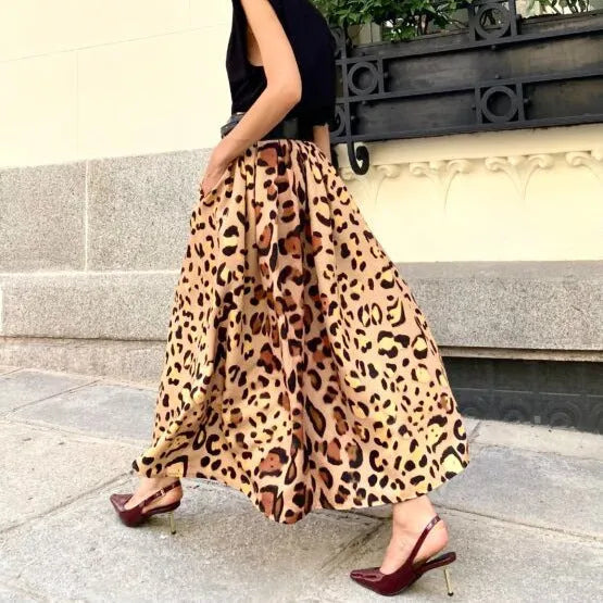 Brown leopard print women's A-line skirt with big hem design in long length