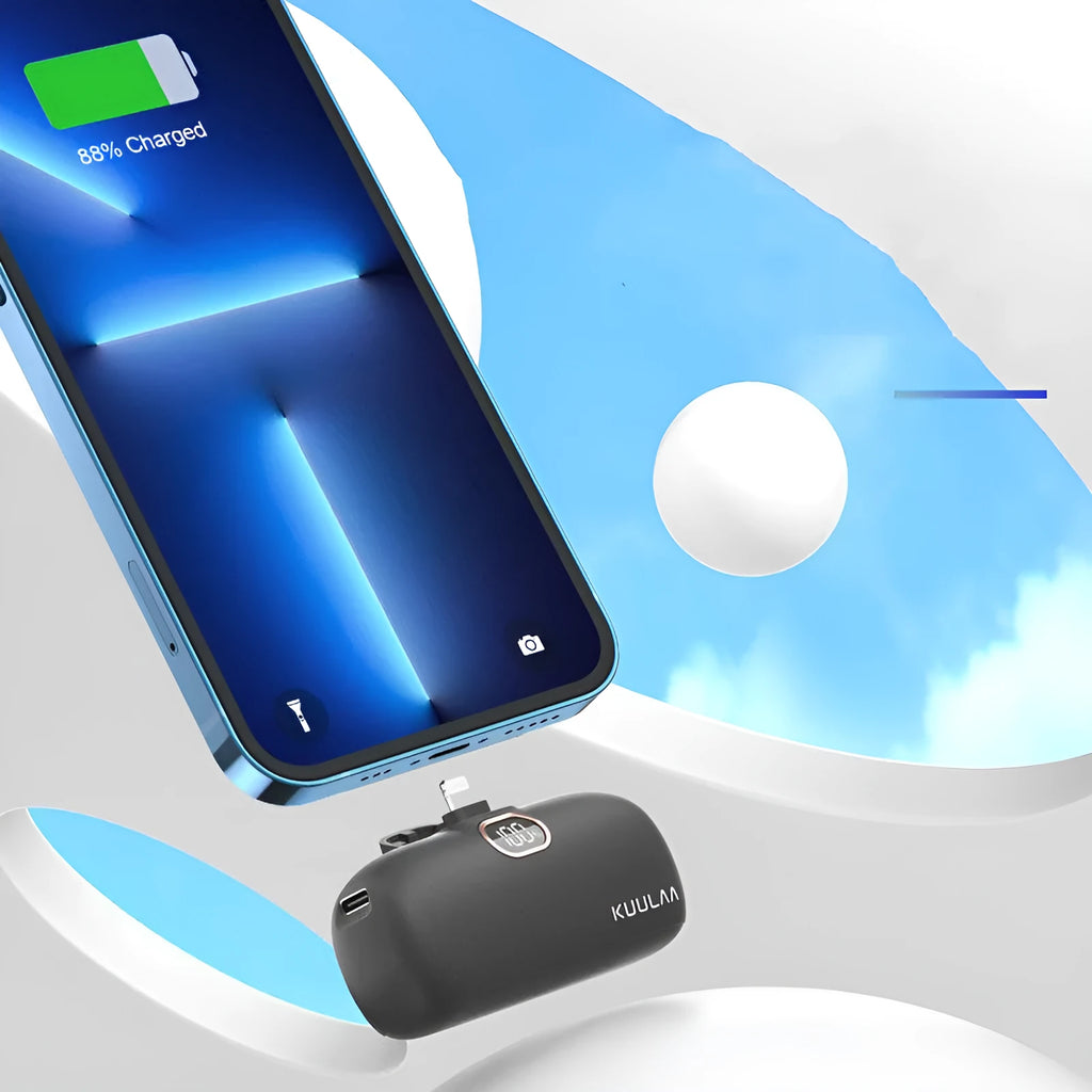 Cylindrical capsule power bank with built-in charging cable in black, white, or purple.