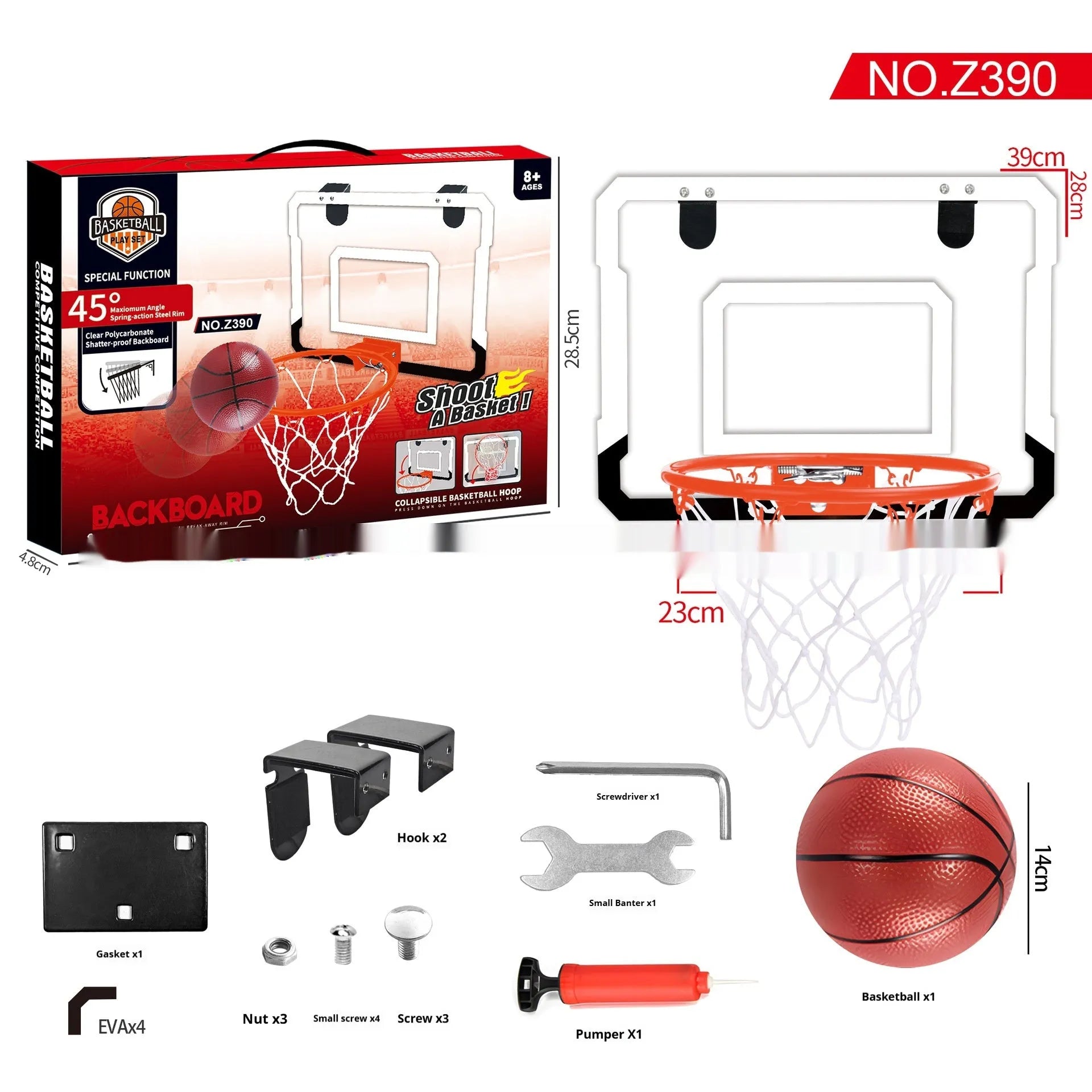 Red and blue folding indoor basketball frame with suction cups mounted on a door, showing dunking action.