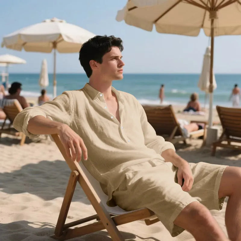 Men's linen beach suit set showing long sleeve shirt and matching shorts in light blue colour