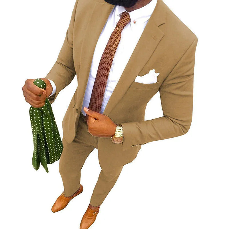 Men's multicolour cotton banquet suit jacket and trousers on a hanger
