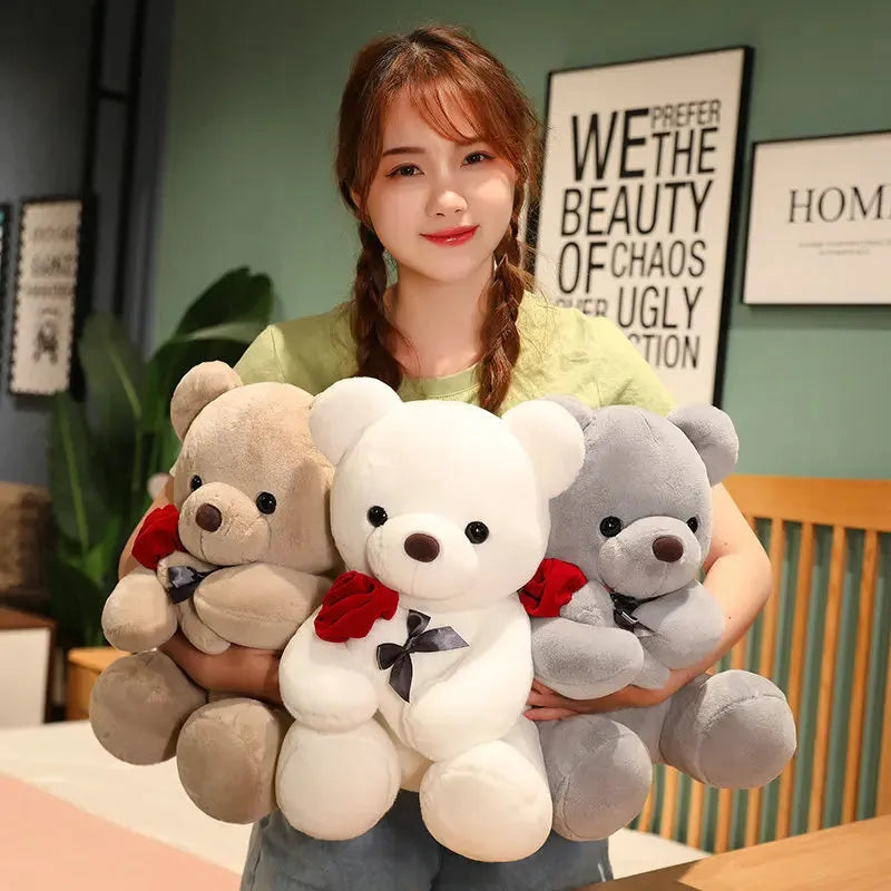 Lovely hug roses teddy bear plush pillow stuffed animal doll in brown, beige or grey colours