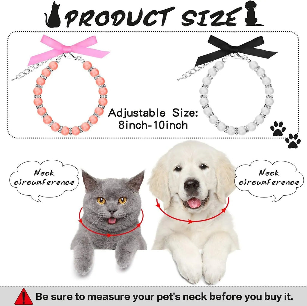 Adjustable dog necklace with imitation pearls, rhinestones, and ribbon bow for small pets