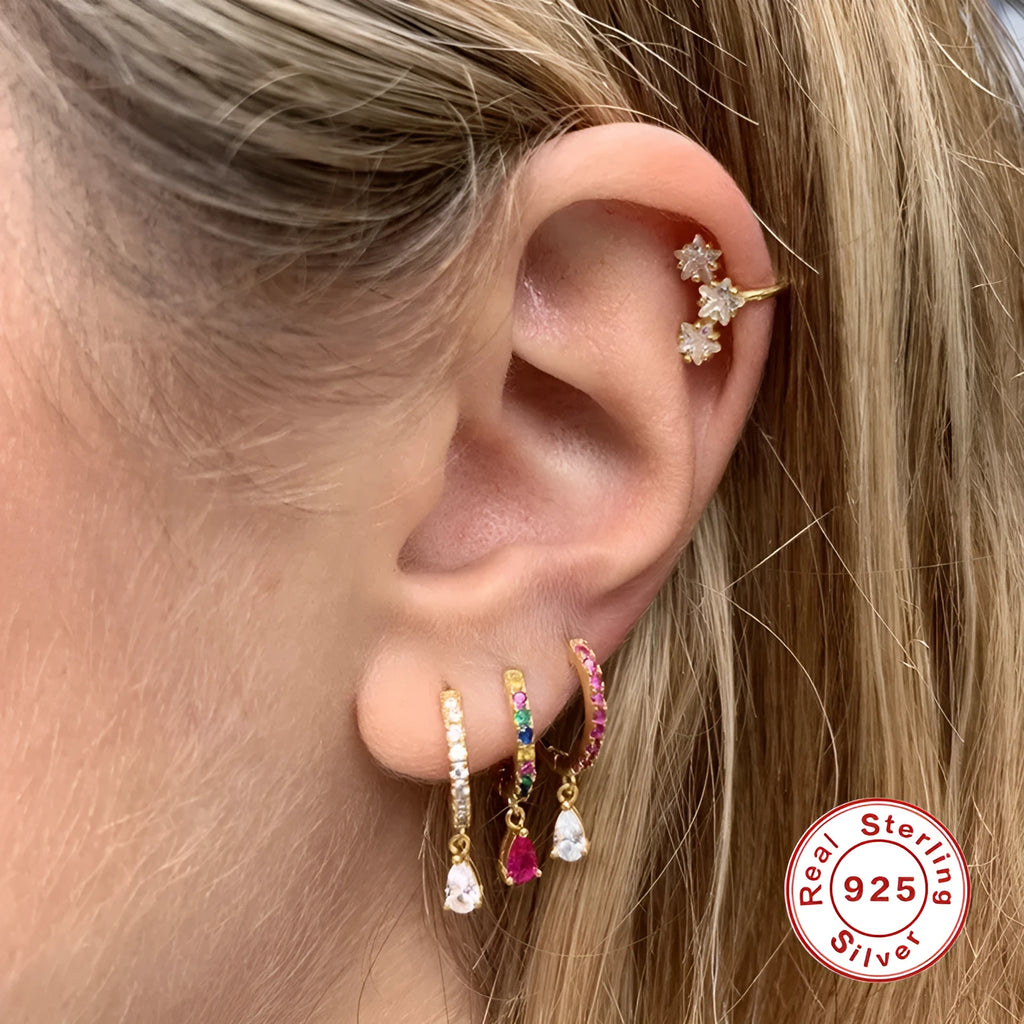 S925 sterling silver geometric water drop earrings with diamond accents in gold or silver tone.