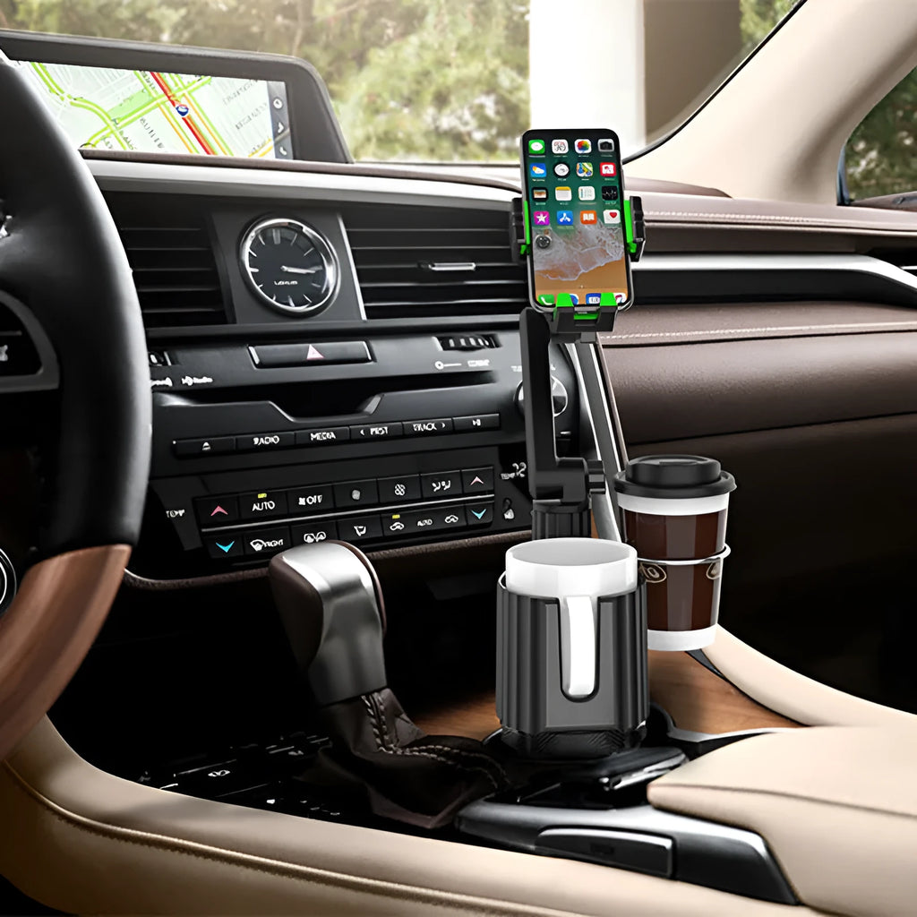 Green car drink rack and mobile phone holder with kettle showing ABS/PC construction