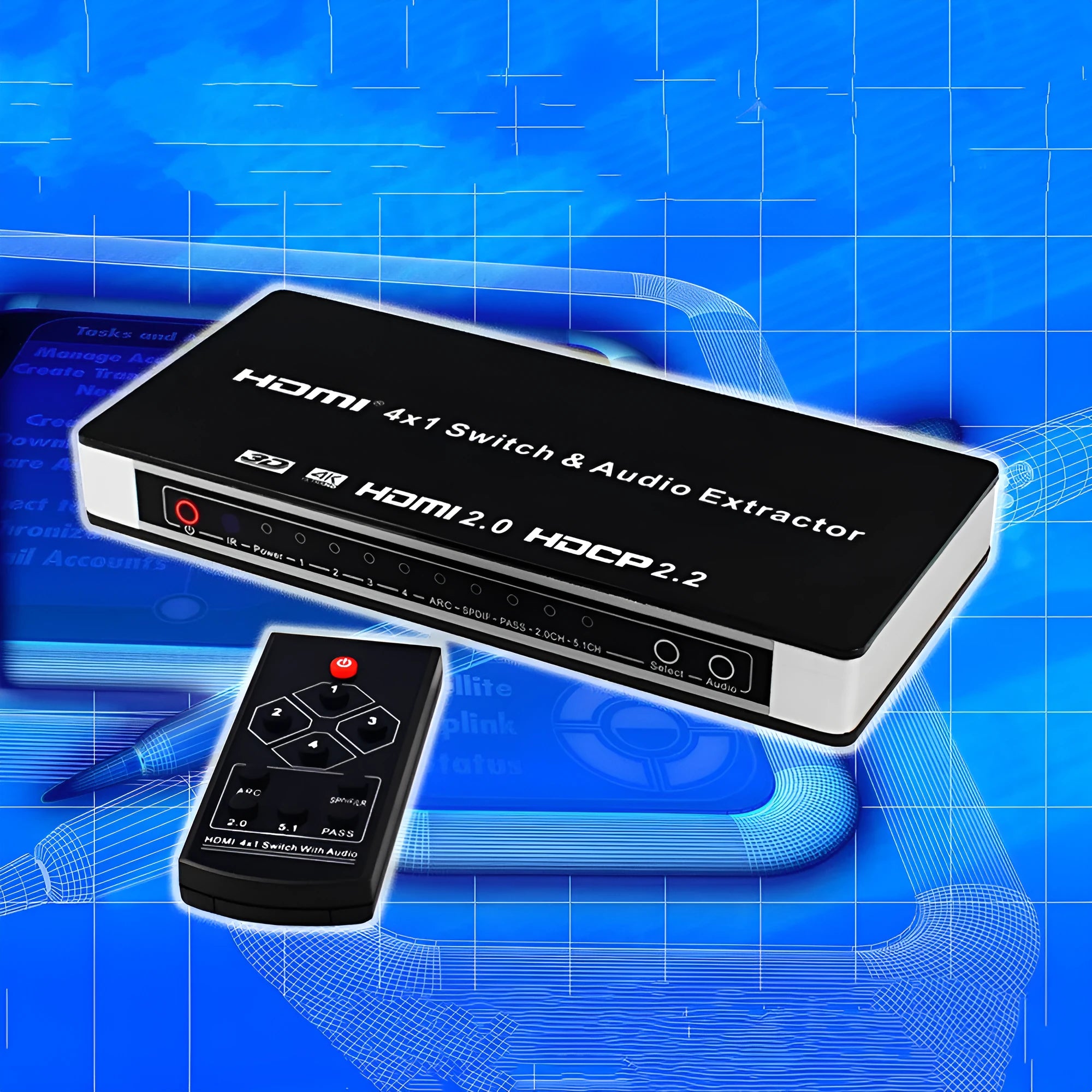 Black HDMI audio extractor switch with 4 input ports and remote control for home entertainment systems