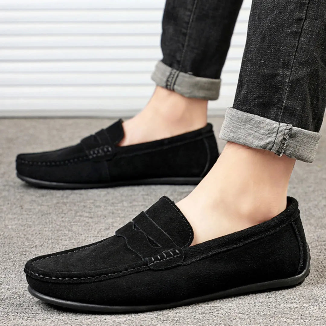 Men's solid colour suede loafers with round toe and slip-on design on rubber sole