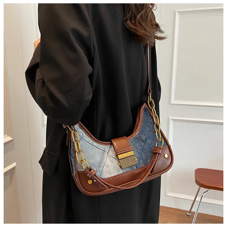 Brown denim women's shoulder bag with diamond chain design and bucket shape