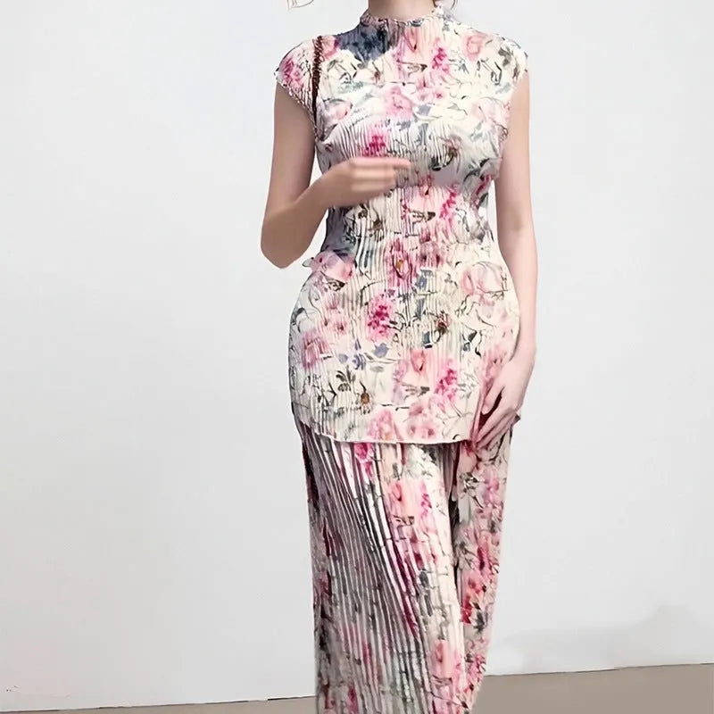 Long sleeve printed chiffon dress with high waist design shown in pictured colours