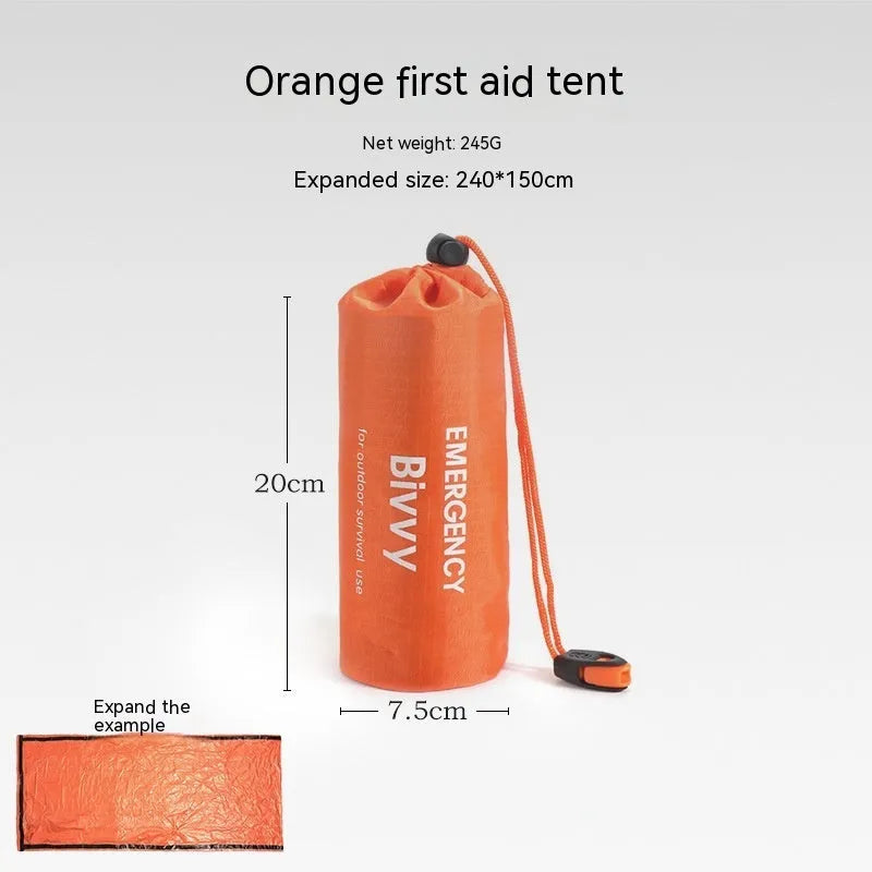 Orange portable disaster relief tent with sleeping bag and emergency blanket for outdoor shelter